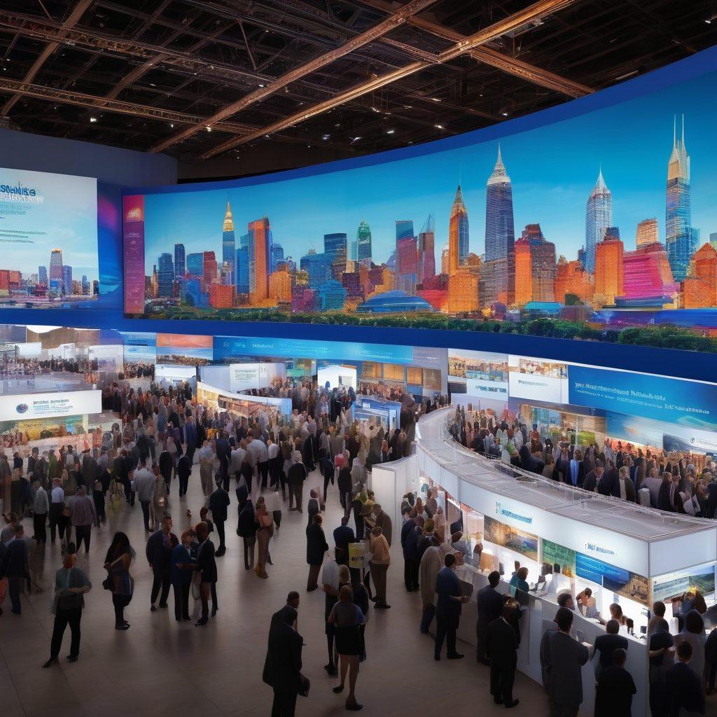 A diverse crowd of professionals networking at a grand business event in New Jersey, featuring a bustling exhibition hall, large banners of industry leaders, and vibrant booths showcasing innovation. There are animated interactions and engaging discussions happening, with a sense of excitement and opportunity in the air. Incorporate subtle elements of New Jersey’s skyline in the background. vibrant colors. super-realistic.