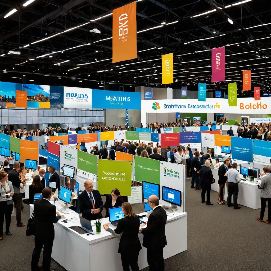 A vibrant scene depicting a bustling expo floor with diverse professionals networking, exchanging ideas, and collaborating at booths adorned with colorful banners. Include elements like charts, laptops, and people engaged in discussion, showcasing a spirit of growth and opportunity. The background features an expansive view of the Meadowlands, symbolizing potential and collaboration. super-realistic. vibrant colors. dynamic composition.