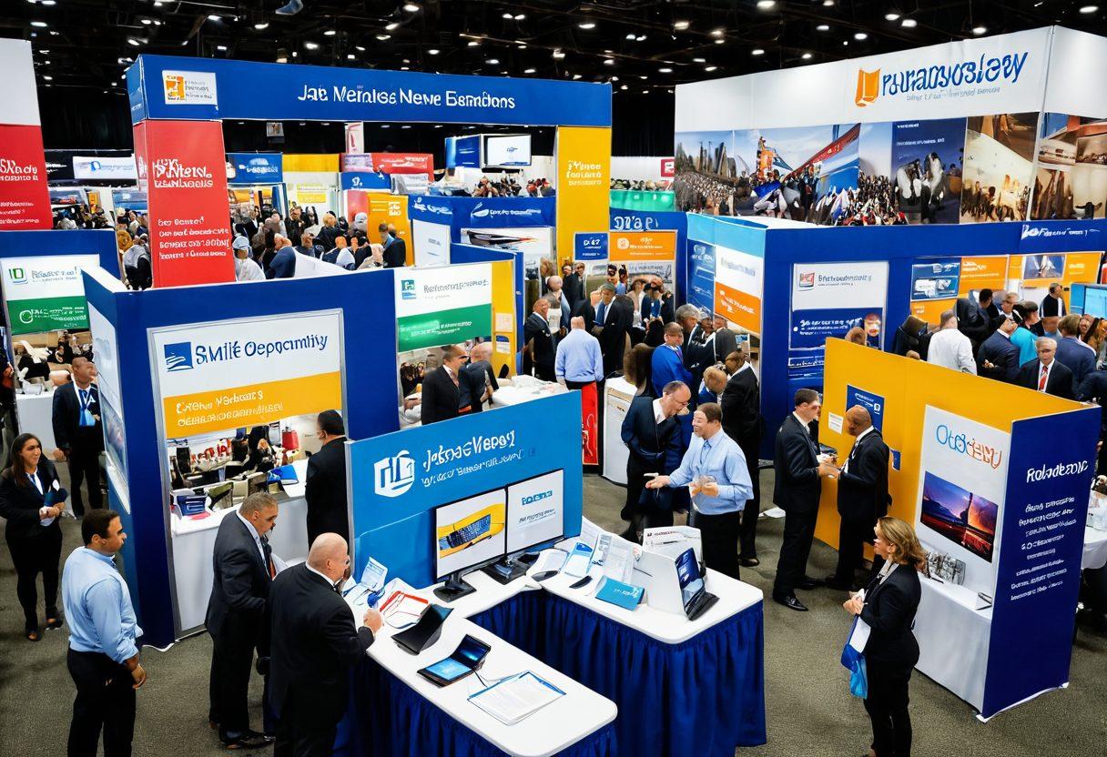 A bustling trade expo scene in New Jersey, showcasing diverse professionals actively networking, colorful booths with innovative products, and enthusiastic attendees exchanging business cards. Include iconic New Jersey landmarks in the background and vibrant banners advertising the event. Capture the spirit of opportunity and collaboration. super-realistic. vibrant colors. wide-angle view.